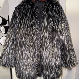 Women's Black and Gray Faux Fur Coat